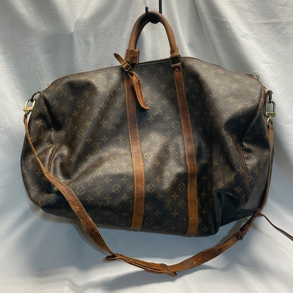 LOUIS VUITTON Brown Leather Monogram KEEPALL 55B with luggage tag and strap